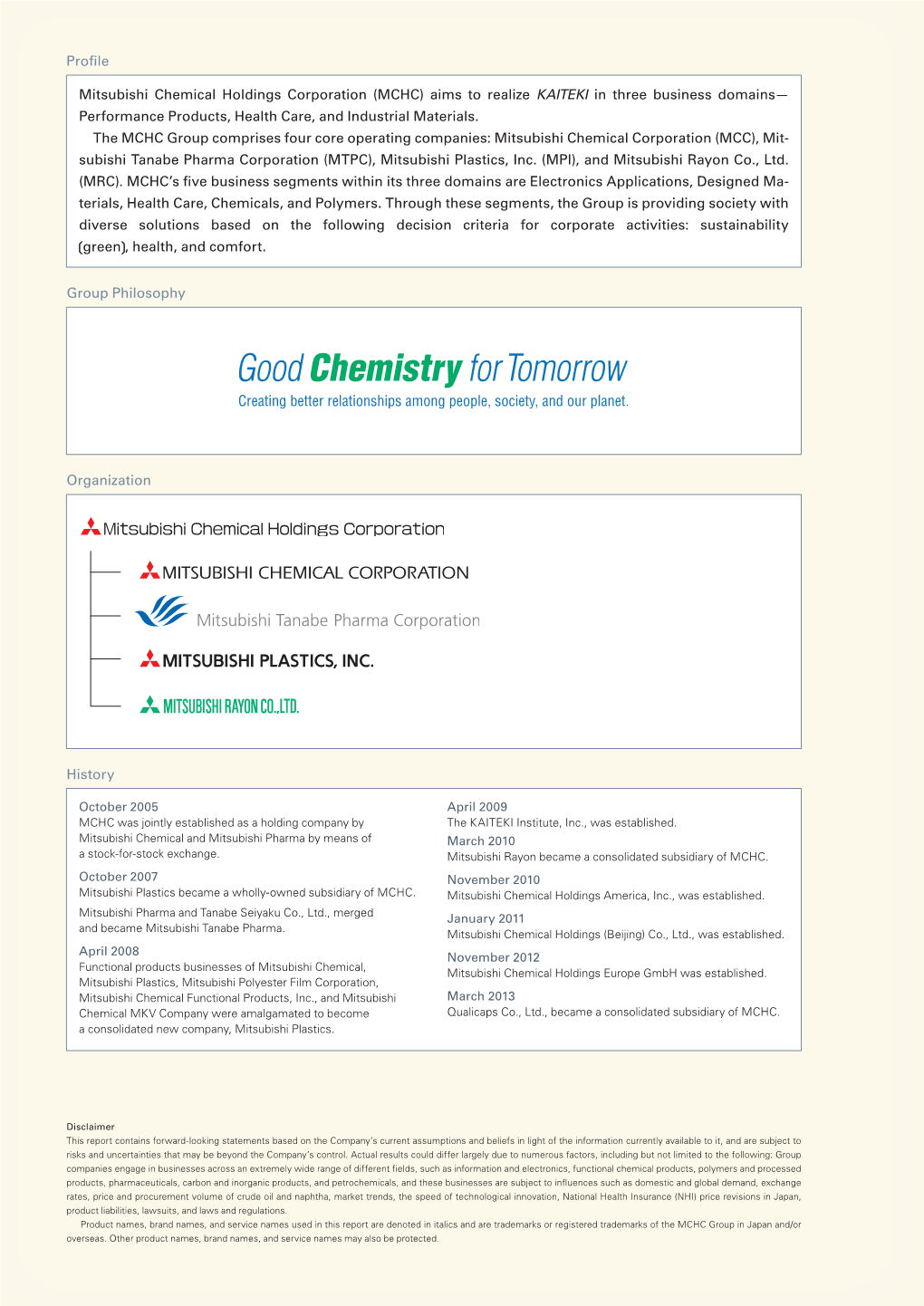 Profile Organization Group Philosophy History Mitsubishi Chemical Holdings Corporation (MCHC) Aims to Realize KAITEKI in Three B