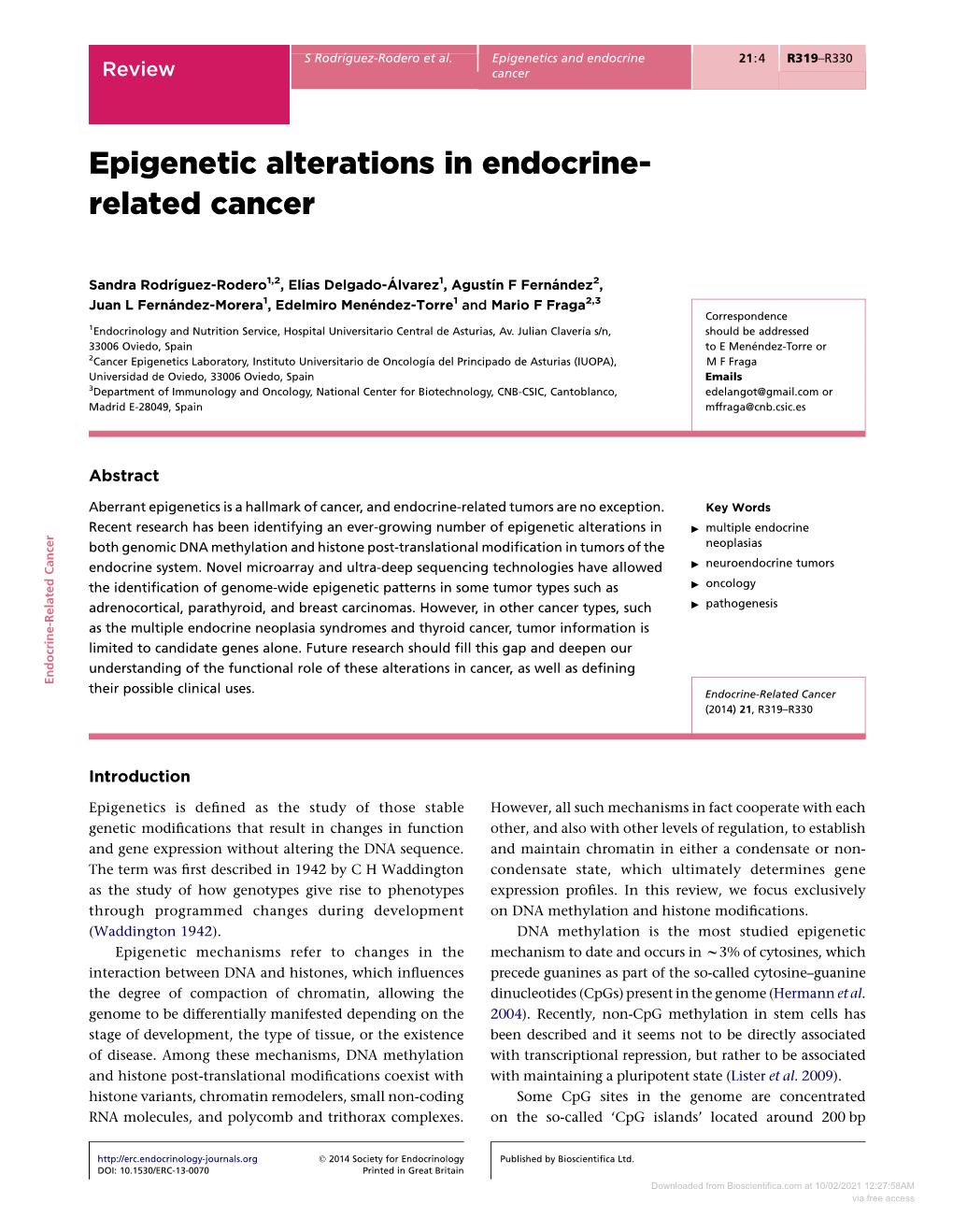 Epigenetic Alterations in Endocrine- Related Cancer