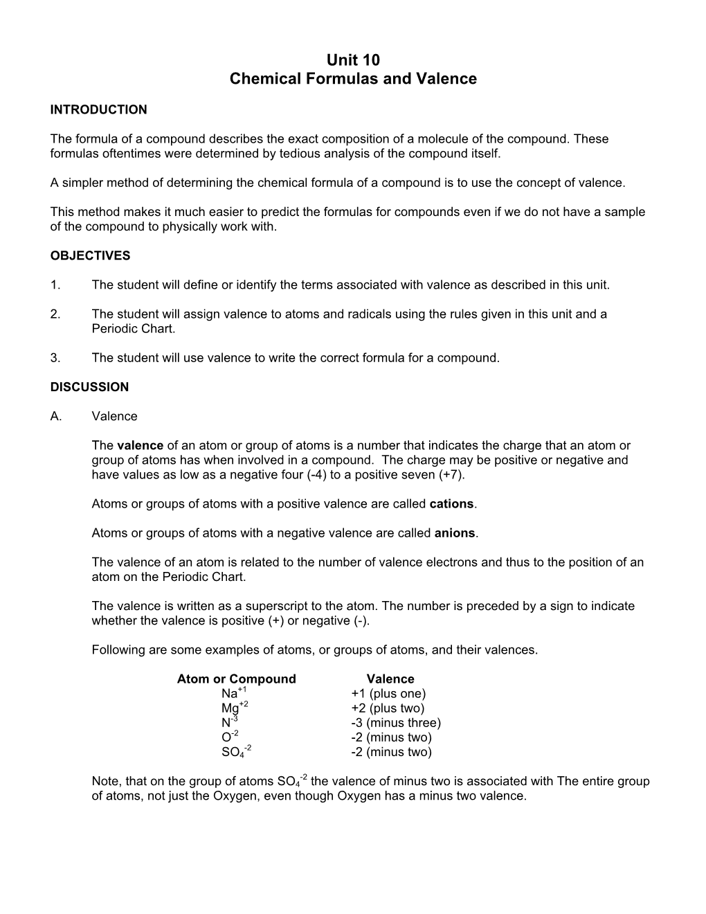 Unit 10 Chemical Formulas and Valence