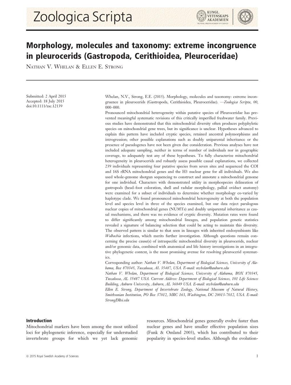 Morphology, Molecules and Taxonomy: Extreme Incongruence in Pleurocerids (Gastropoda, Cerithioidea, Pleuroceridae)