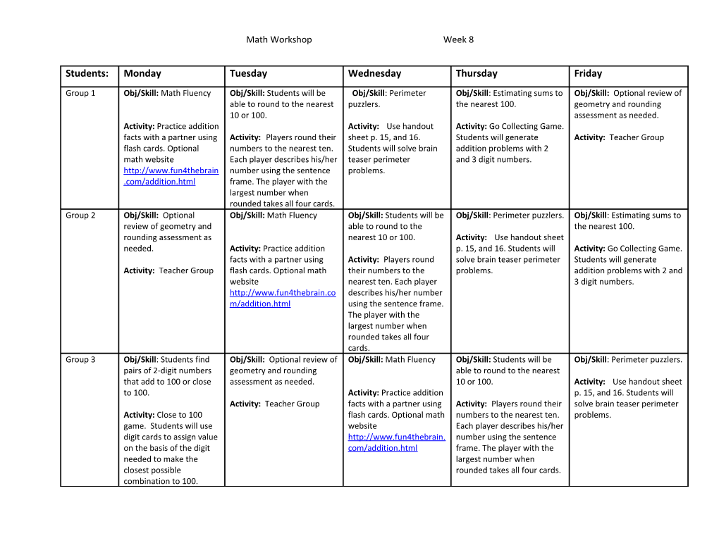 Math Workshop Week 8