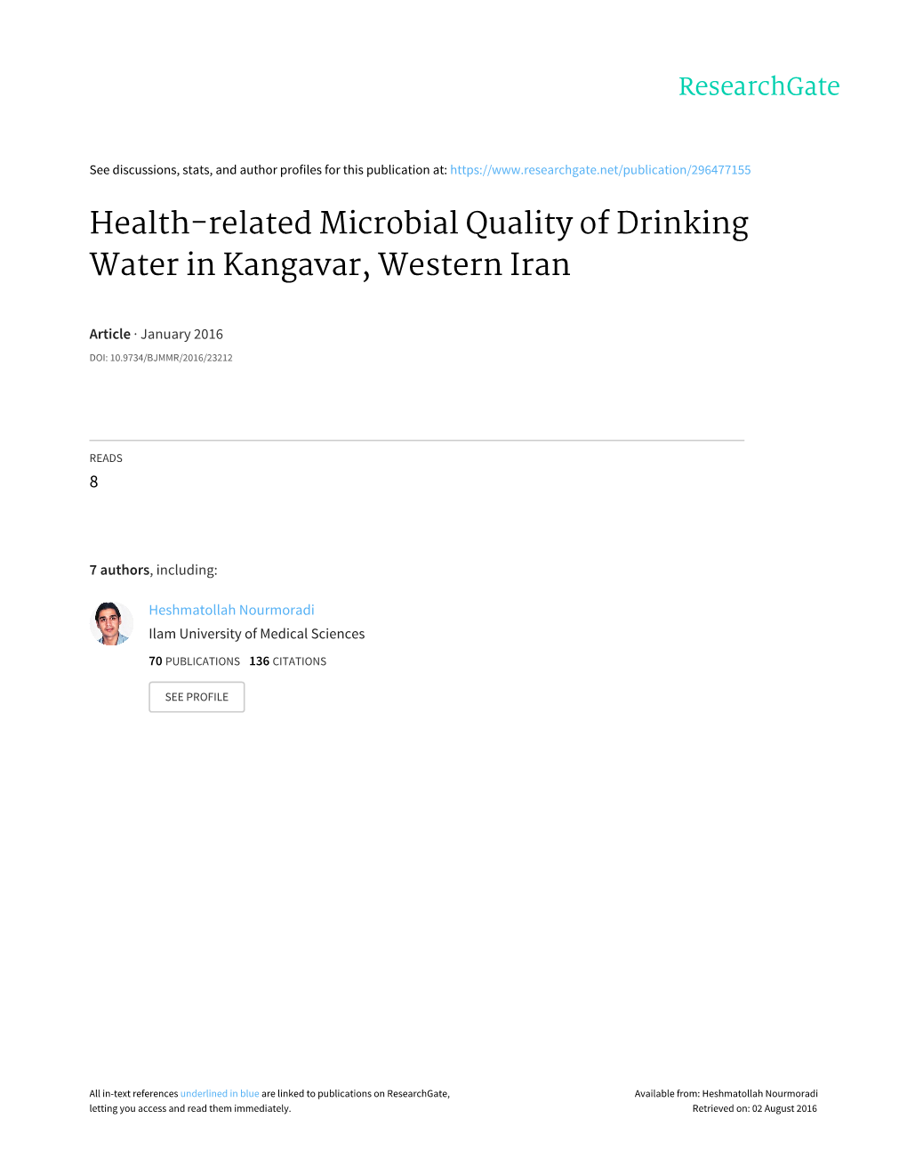 Health-Related Microbial Quality of Drinking Water in Kangavar, Western Iran