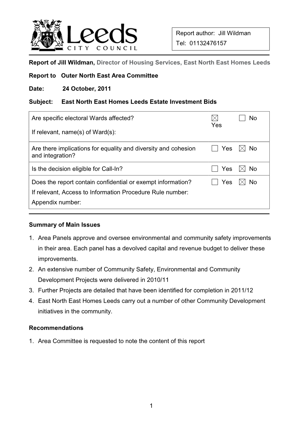 1 Report of Jill Wildman, Director of Housing Services, East North East