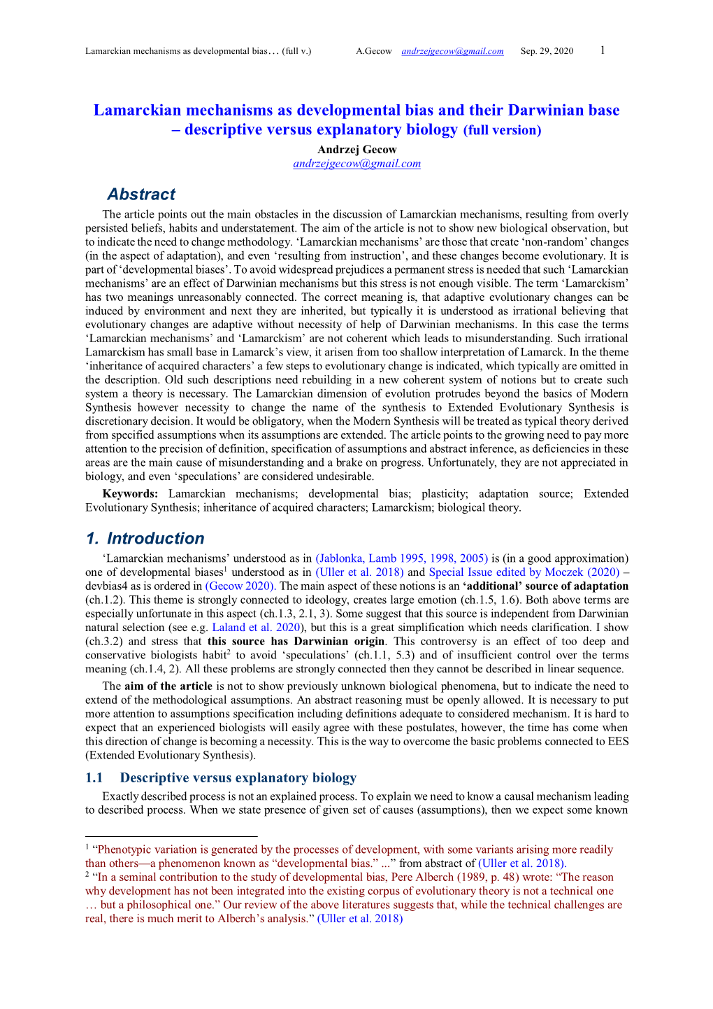 Lamarckian Mechanisms As Developmental Bias and Their Darwinian Base – Descriptive Versus Explanatory Biology (Full Version) Andrzej Gecow Andrzejgecow@Gmail.Com