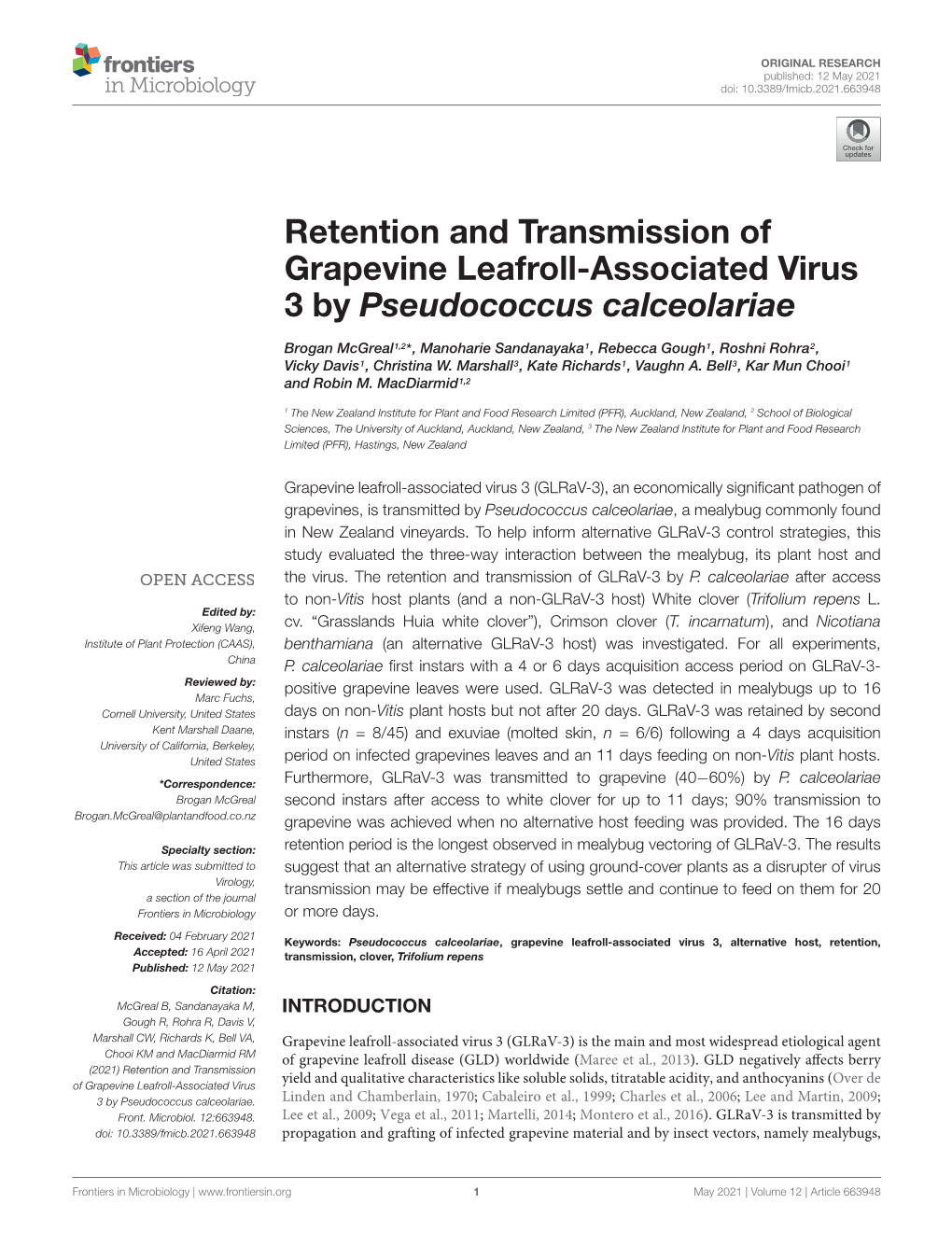 Retention and Transmission of Grapevine Leafroll-Associated Virus 3 by Pseudococcus Calceolariae