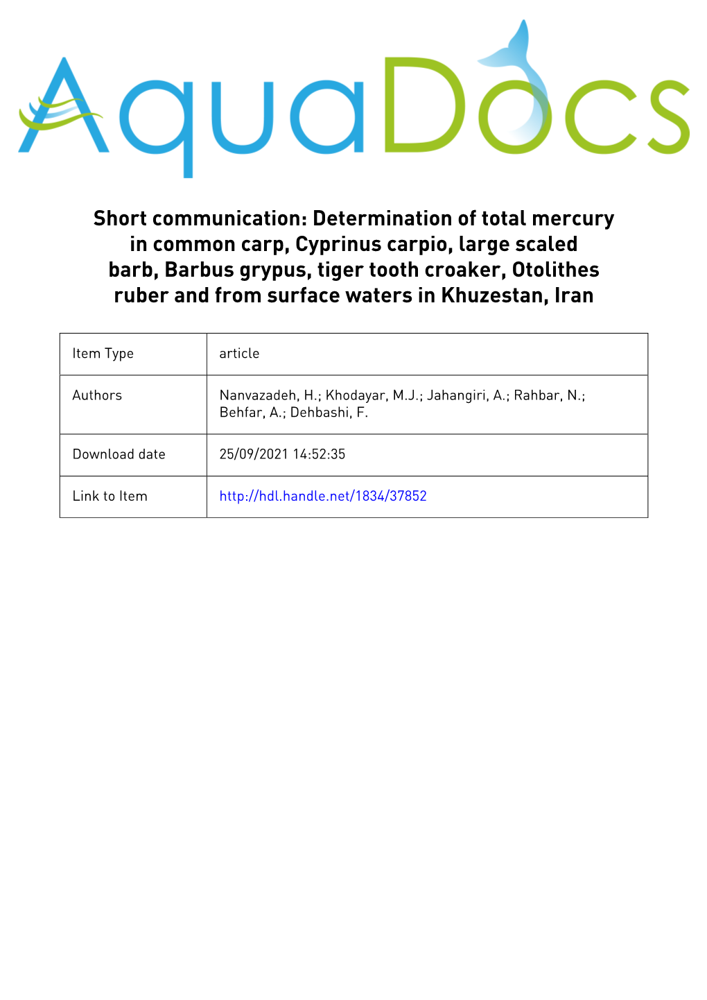 Determination of Total Mercury in Common Carp, Cyprinus Carpio