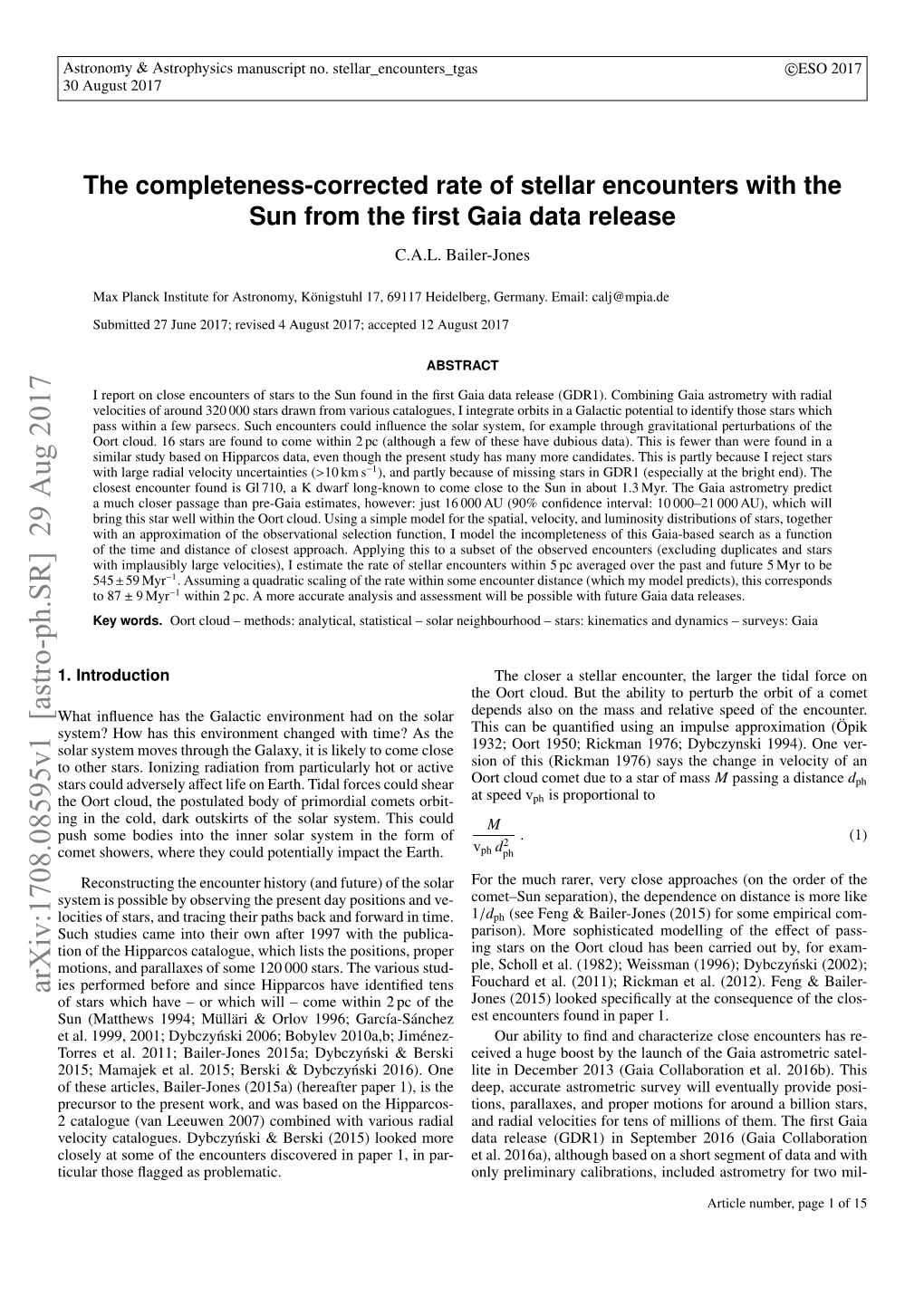 The Completeness-Corrected Rate of Stellar Encounters with the Sun from the ﬁrst Gaia Data Release C.A.L