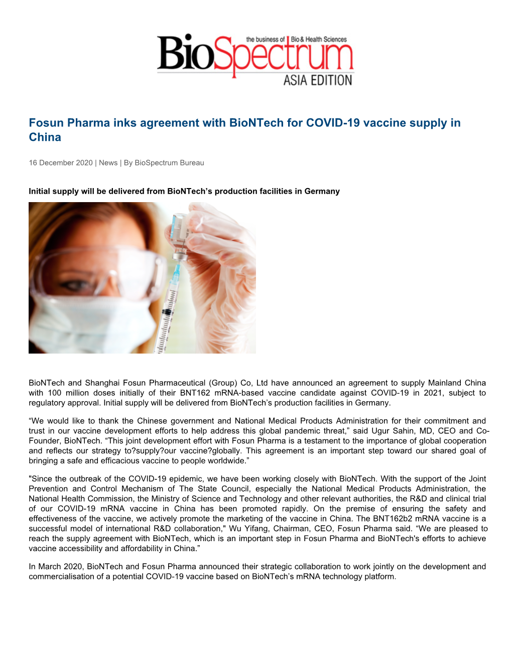 Fosun Pharma Inks Agreement with Biontech for COVID-19 Vaccine Supply in China