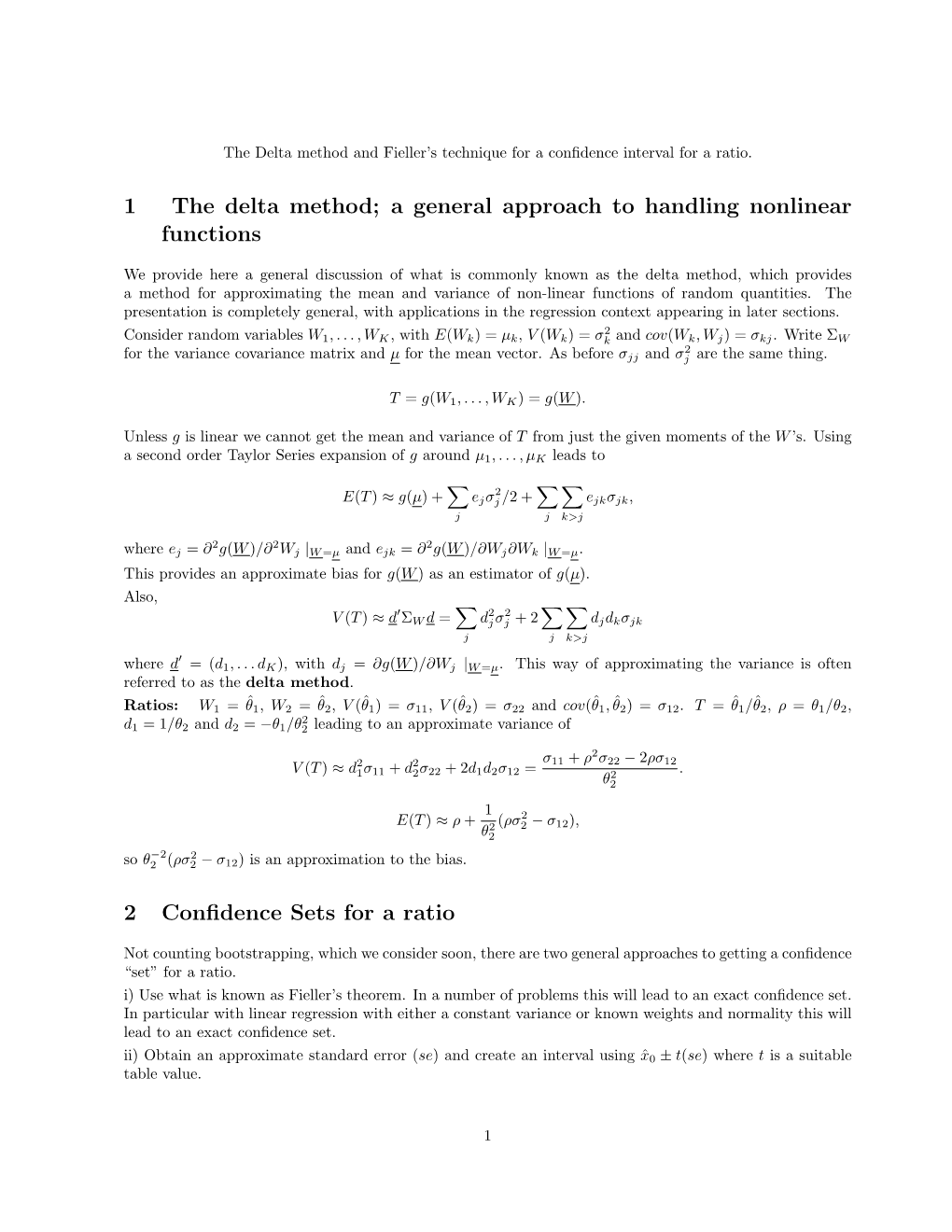 1 the Delta Method; a General Approach to Handling Nonlinear Functions