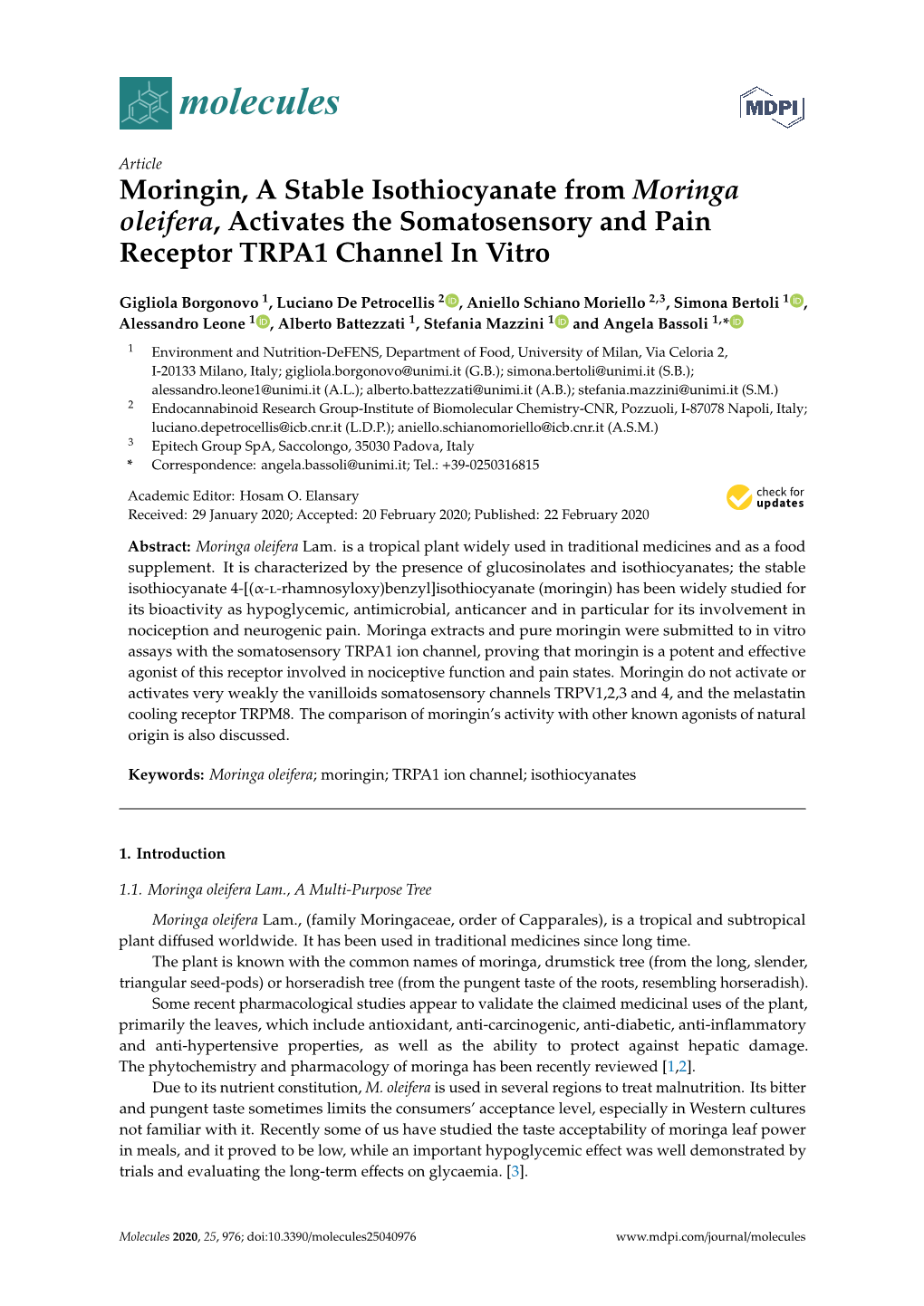 Moringin, a Stable Isothiocyanate from Moringa Oleifera, Activates the Somatosensory and Pain Receptor TRPA1 Channel in Vitro