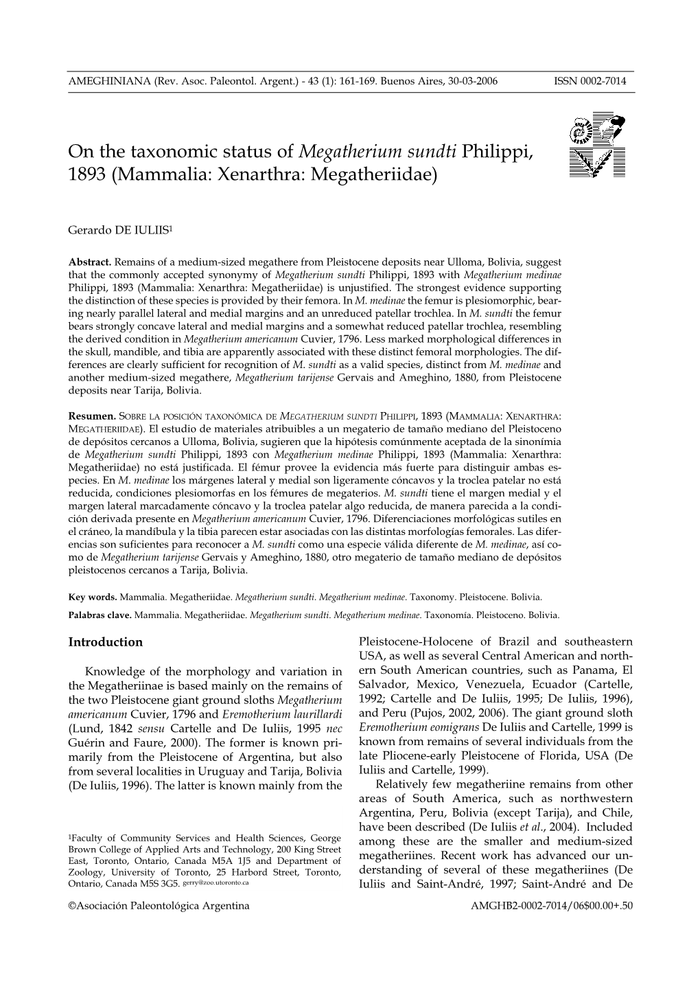 On the Taxonomic Status of Megatherium Sundti Philippi, 1893 (Mammalia: Xenarthra: Megatheriidae)