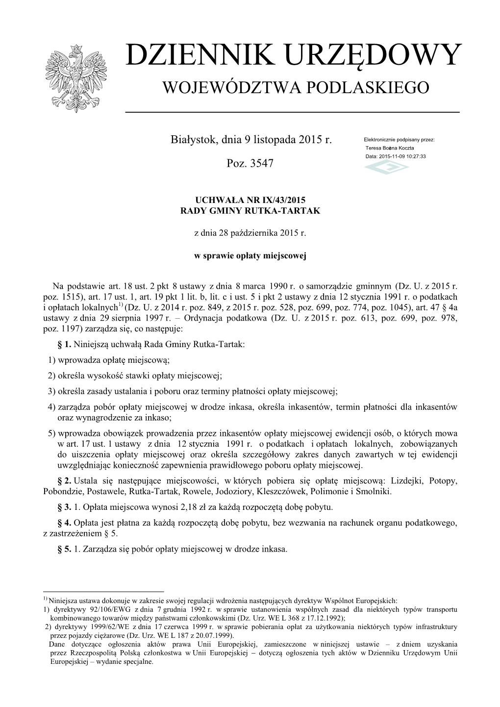 Uchwała Nr IX/43/2015 Z Dnia 28 Października 2015 R