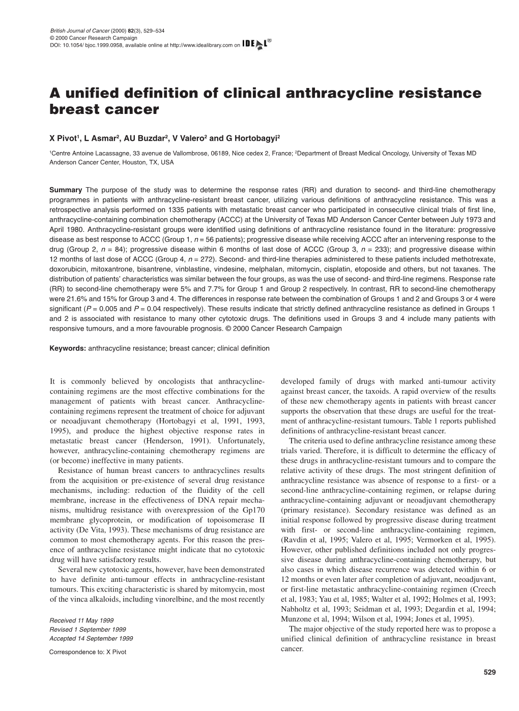 A Unified Definition of Clinical Anthracycline Resistance Breast