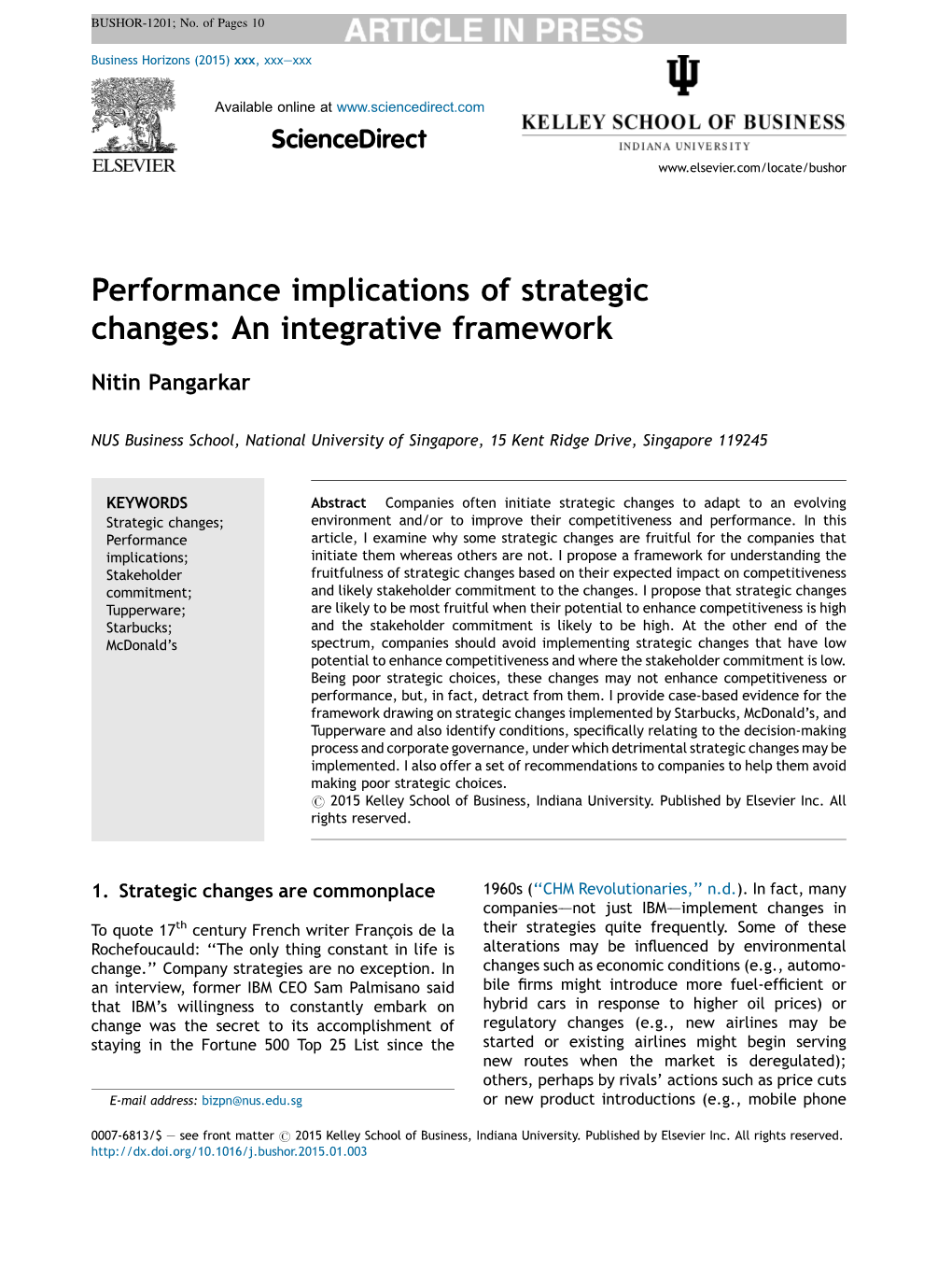 Performance Implications of Strategic Changes: an Integrative Framework 3