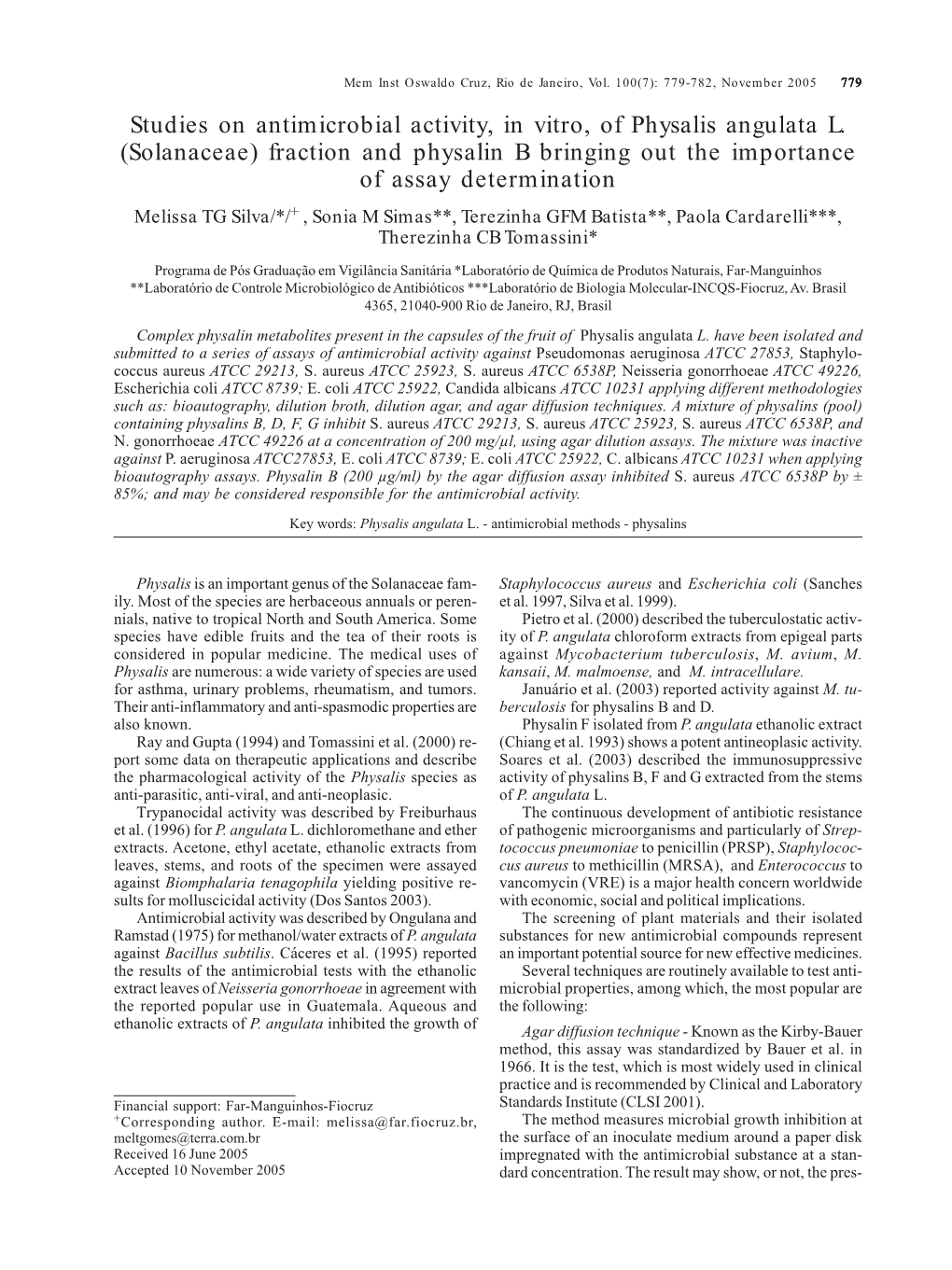 Studies on Antimicrobial Activity, in Vitro, of Physalis Angulata L