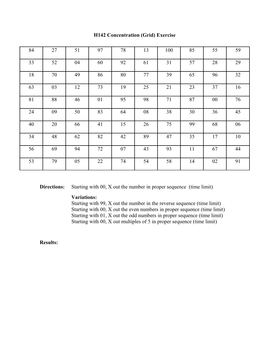 H142 Concentration (Grid) Exercise