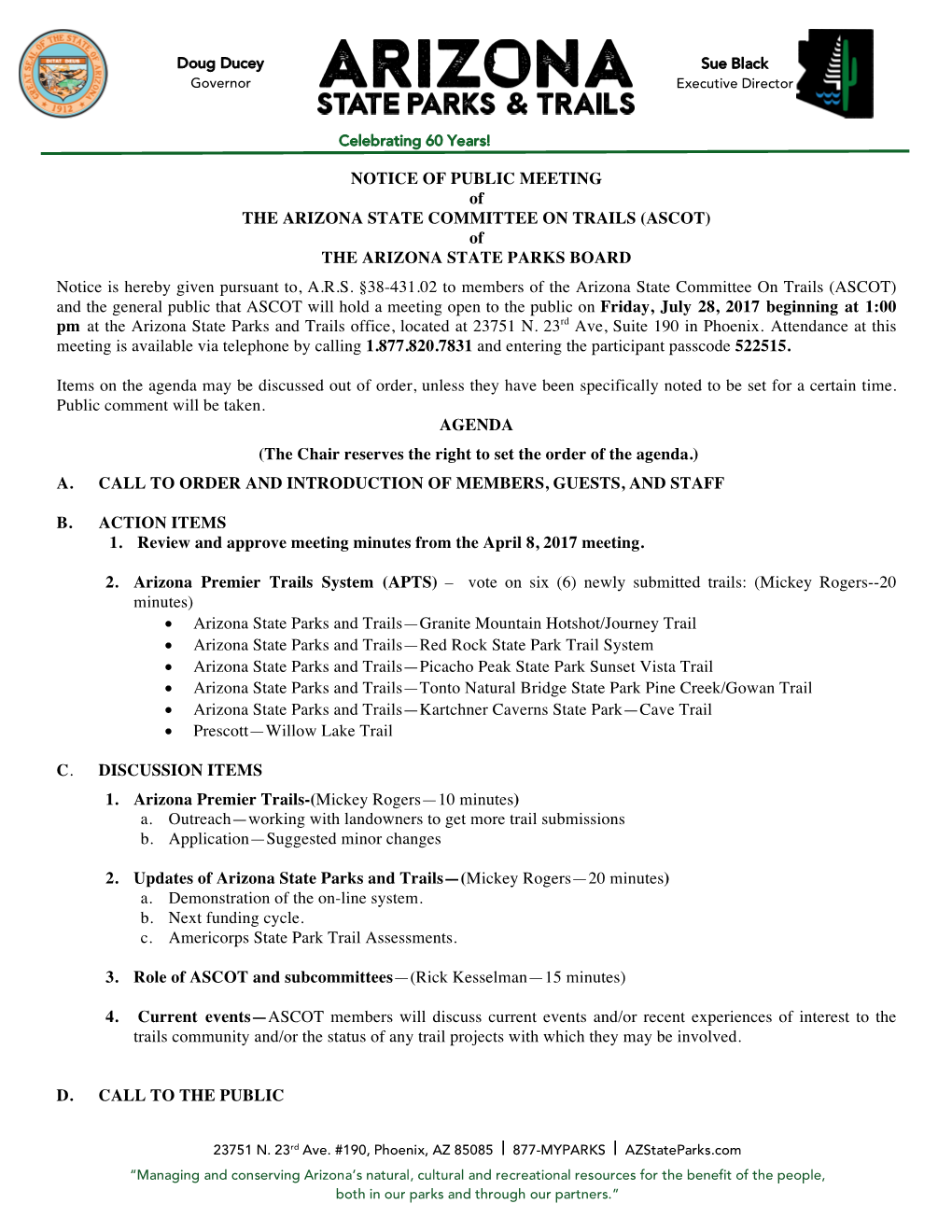 (ASCOT) of the ARIZONA STATE PARKS BOARD Notice Is Hereby Given Pursuant To, A.R.S