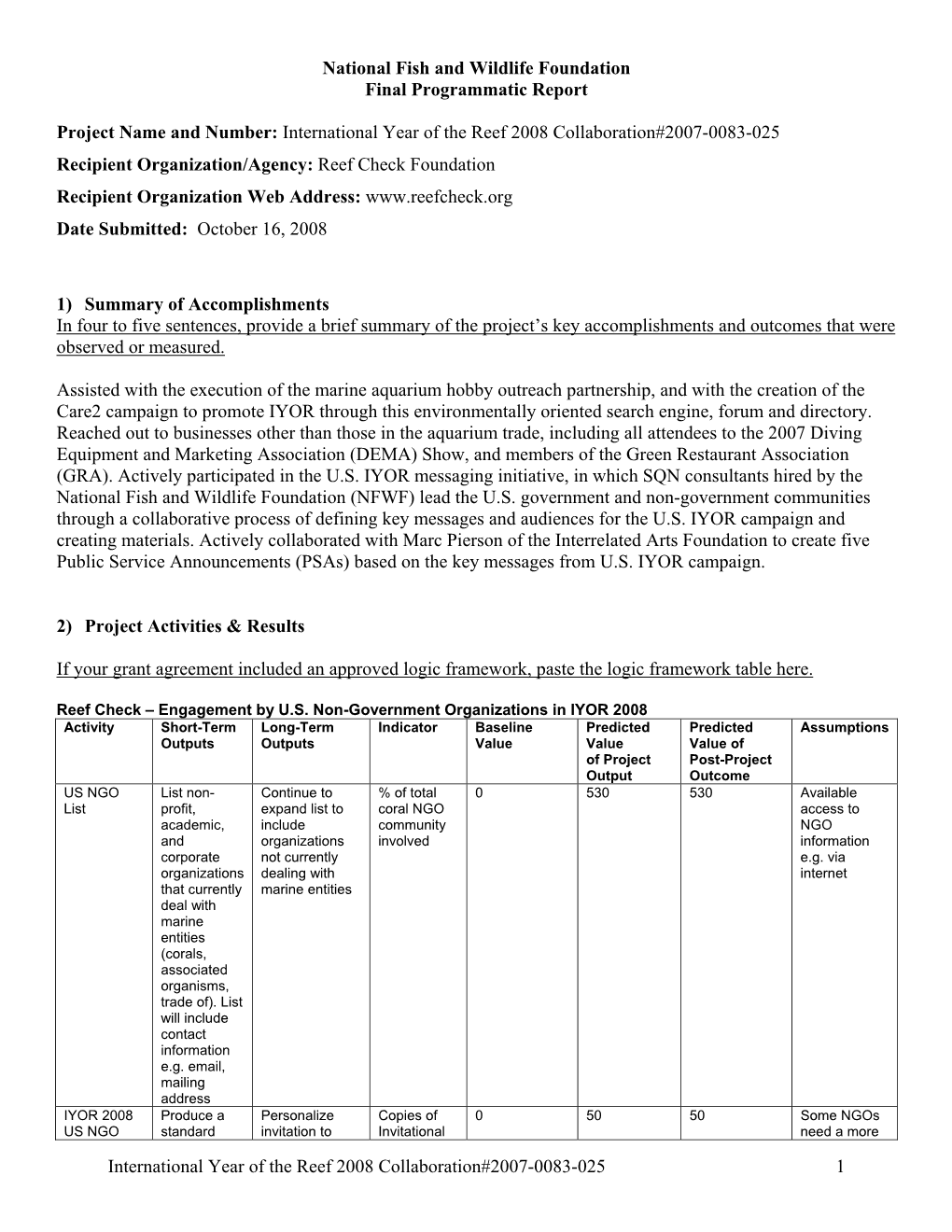 Engagement by US Non-Government Organizations in IYOR 2008