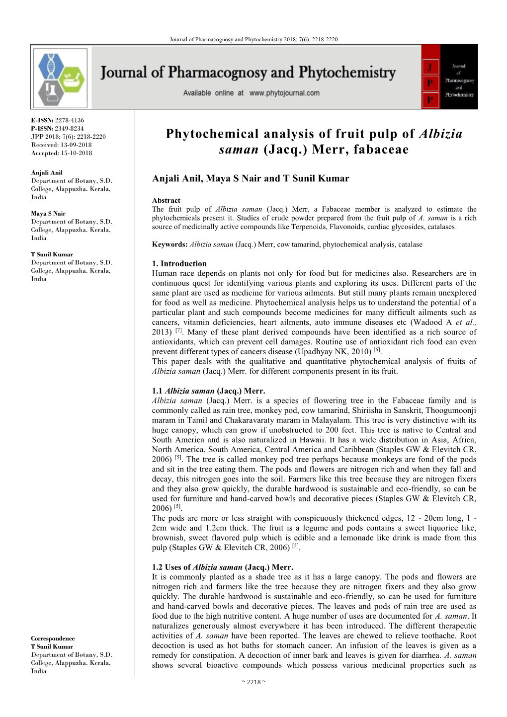 Phytochemical Analysis of Fruit Pulp of Albizia Saman (Jacq.)