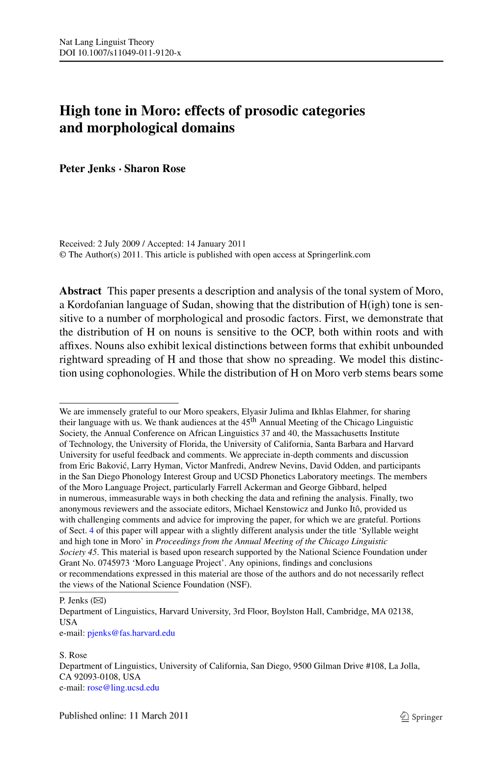 High Tone in Moro: Effects of Prosodic Categories and Morphological Domains