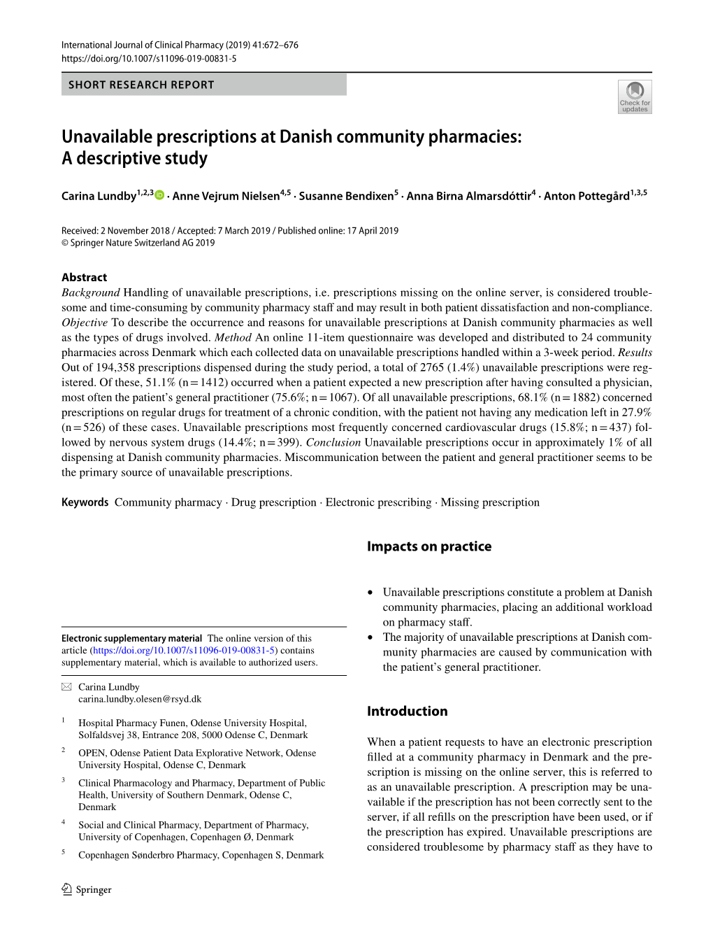 Unavailable Prescriptions at Danish Community Pharmacies: a Descriptive Study