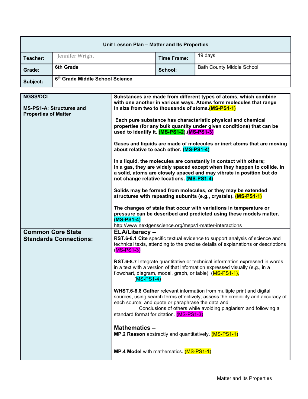 Unit Lesson Plan Atomic Structure s2