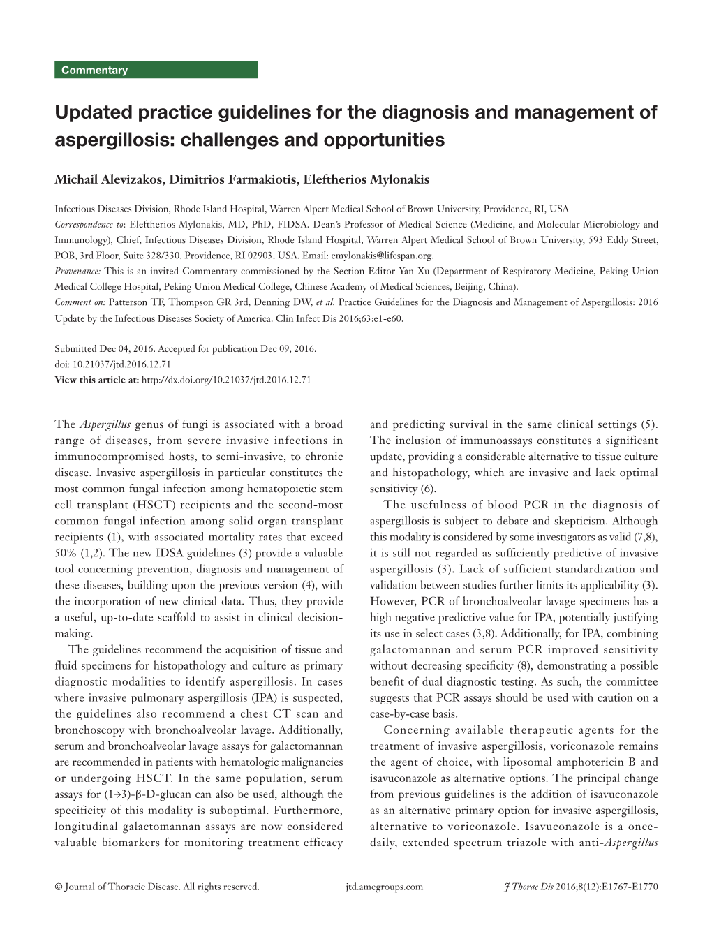 Updated Practice Guidelines for the Diagnosis and Management of Aspergillosis: Challenges and Opportunities