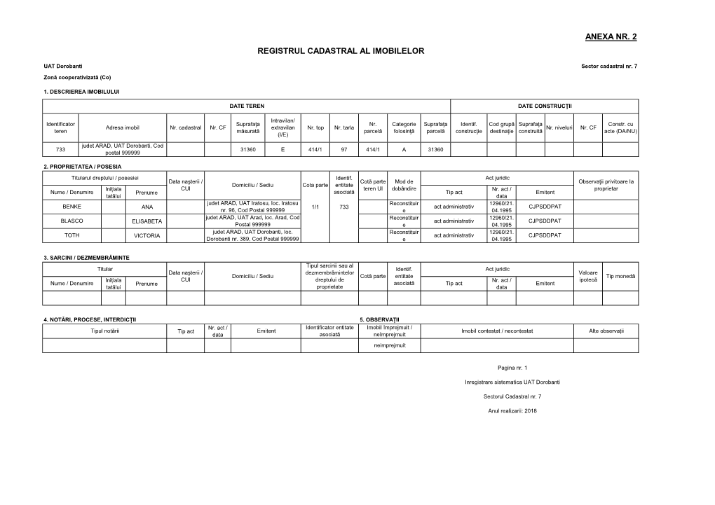 Anexa Nr. 2 Registrul Cadastral Al Imobilelor