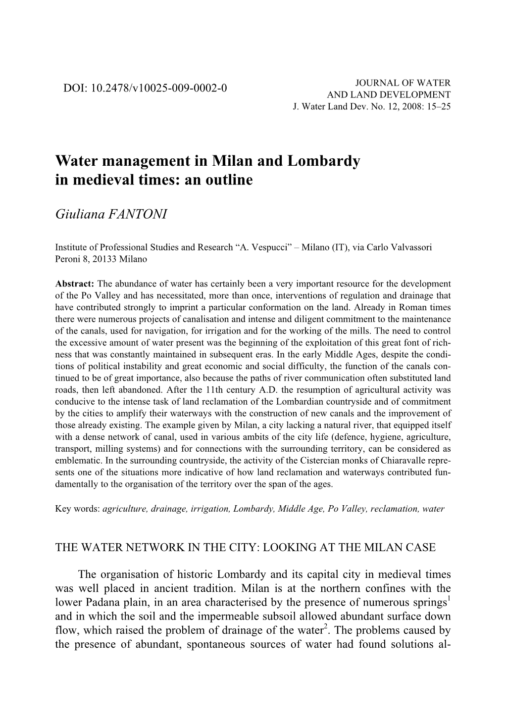 Water Management in Milan and Lombardy in Medieval Times: an Outline