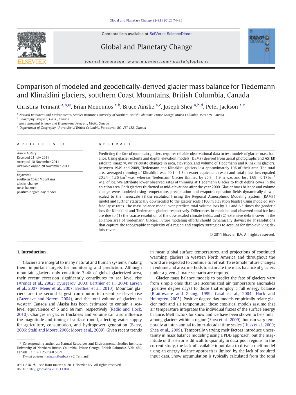 Comparison of Modeled and Geodetically-Derived Glacier Mass Balance for Tiedemann and Klinaklini Glaciers, Southern Coast Mountains, British Columbia, Canada