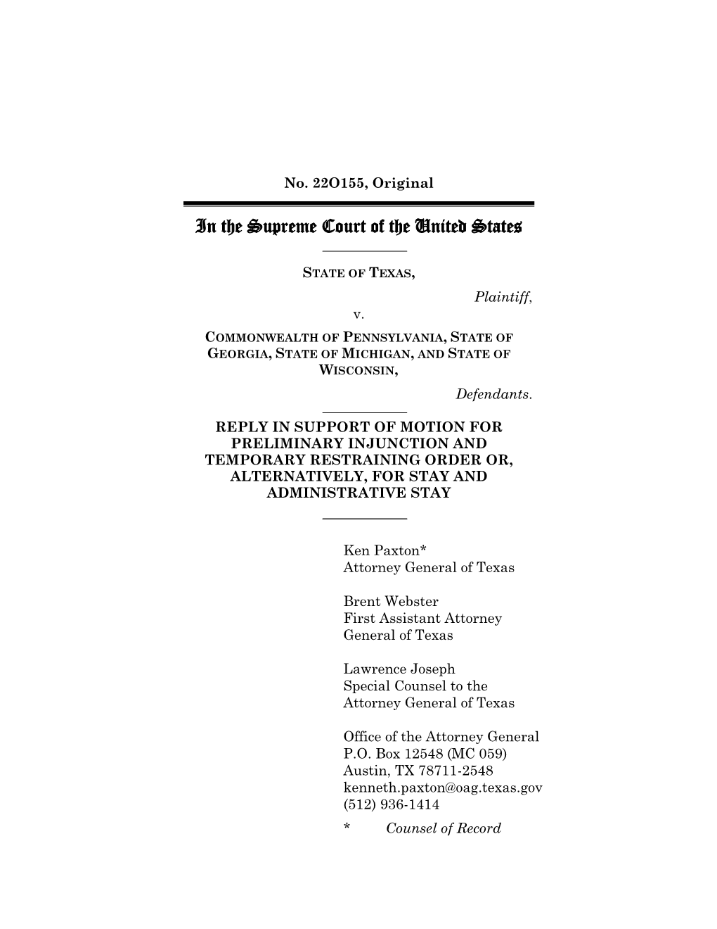 Reply in Support of Motion for Preliminary Injunction and Temporary Restraining Order Or, Alternatively, for Stay and Administrative Stay