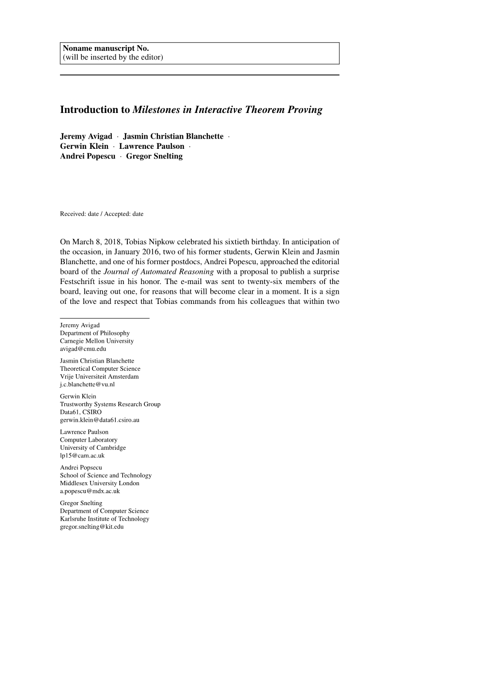 Introduction to Milestones in Interactive Theorem Proving