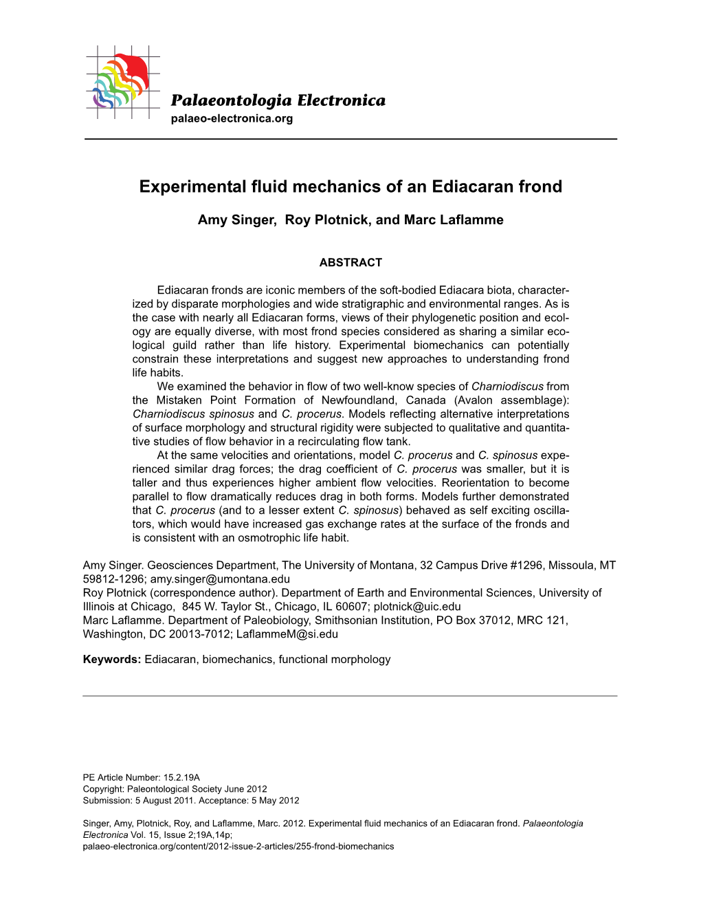 Experimental Fluid Mechanics of an Ediacaran Frond