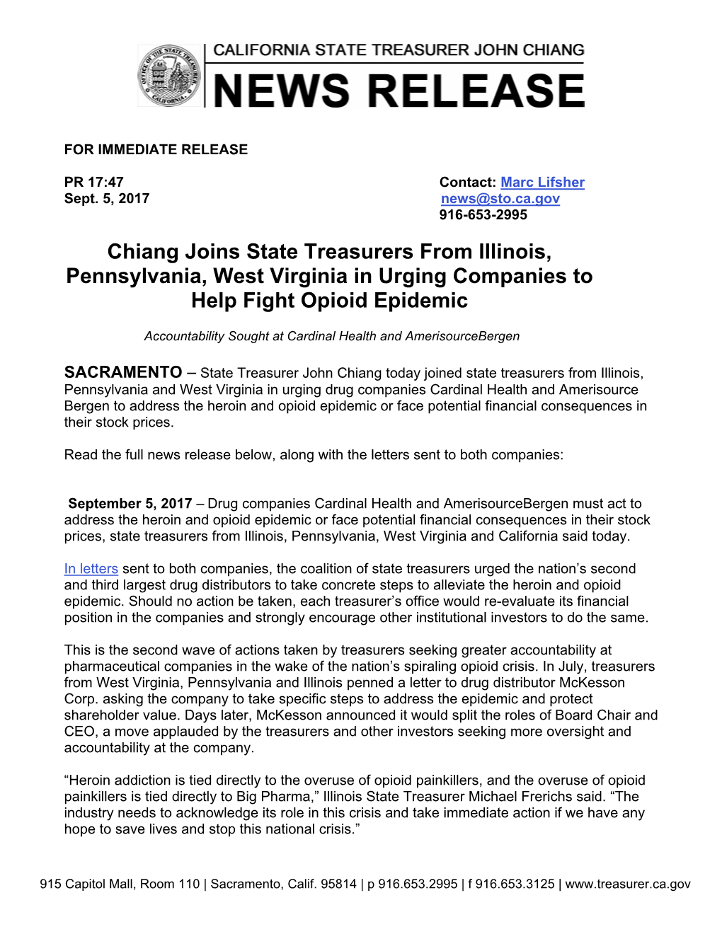 Chiang Joins State Treasurers in Urging Companies to Help Fight