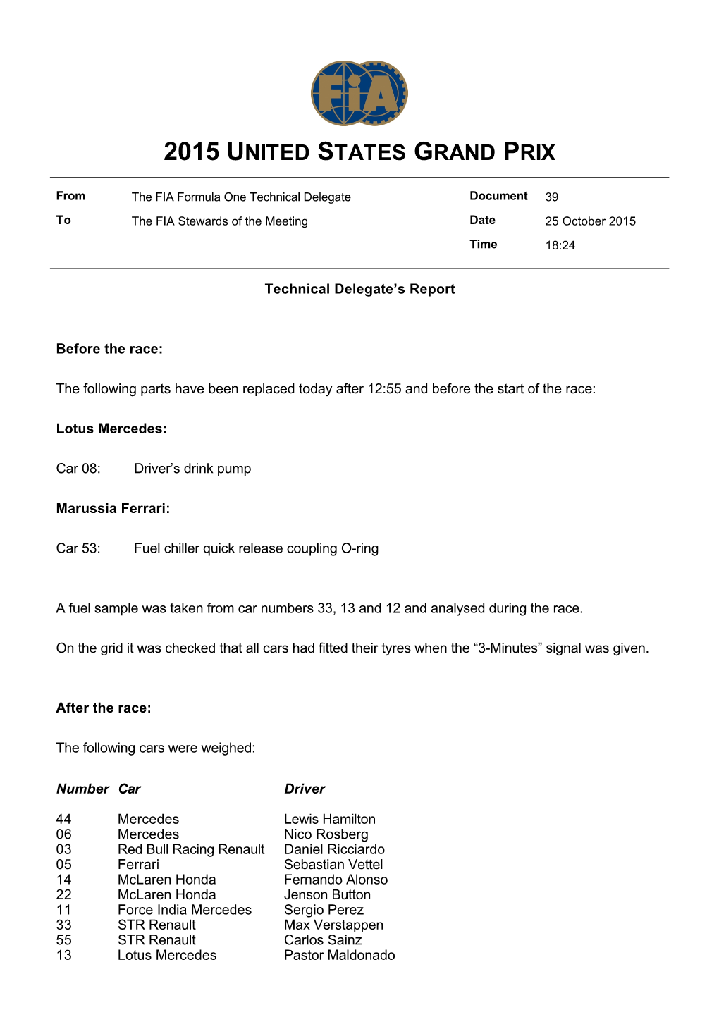 Document 39 to the FIA Stewards of the Meeting Date 25 October 2015 Time 18:24