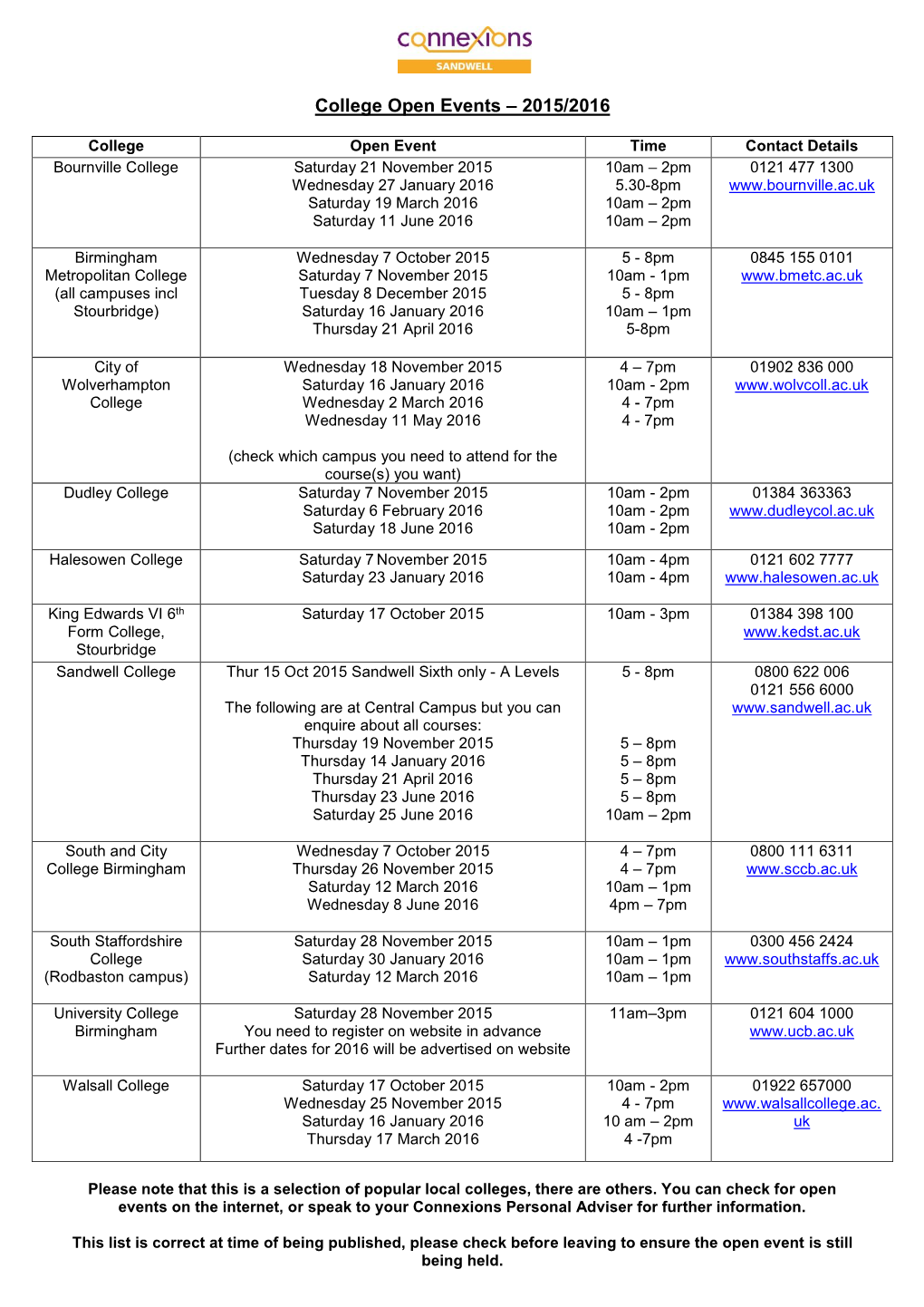 College Open Events – 2015/2016