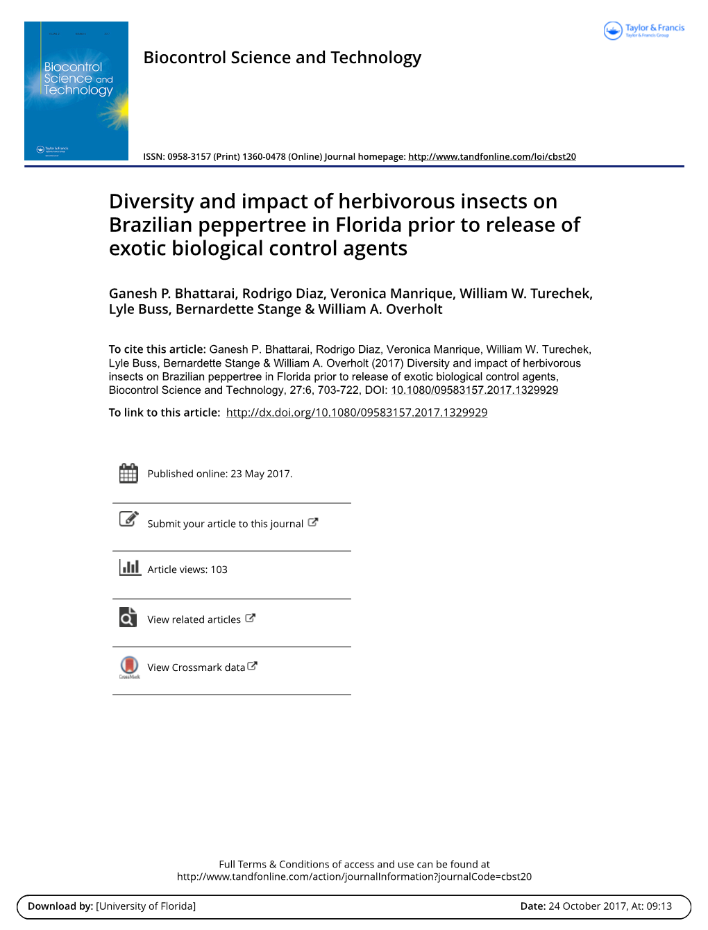 Diversity and Impact of Herbivorous Insects on Brazilian Peppertree in Florida Prior to Release of Exotic Biological Control Agents