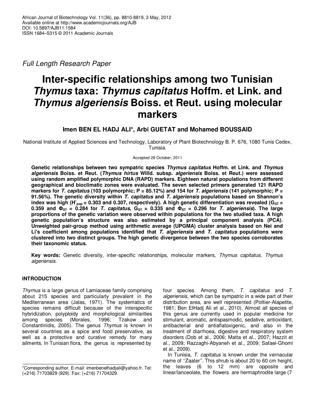 Thymus Capitatus Hoffm. Et Link. and Thymus Algeriensis Boiss. Et Reut