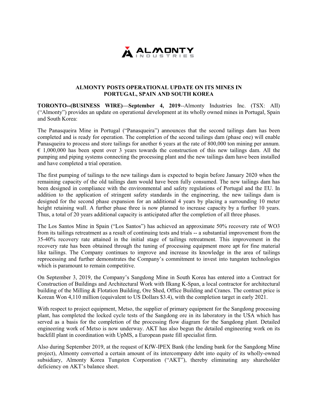 Almonty Posts Operational Update on Its Mines in Portugal, Spain and South Korea