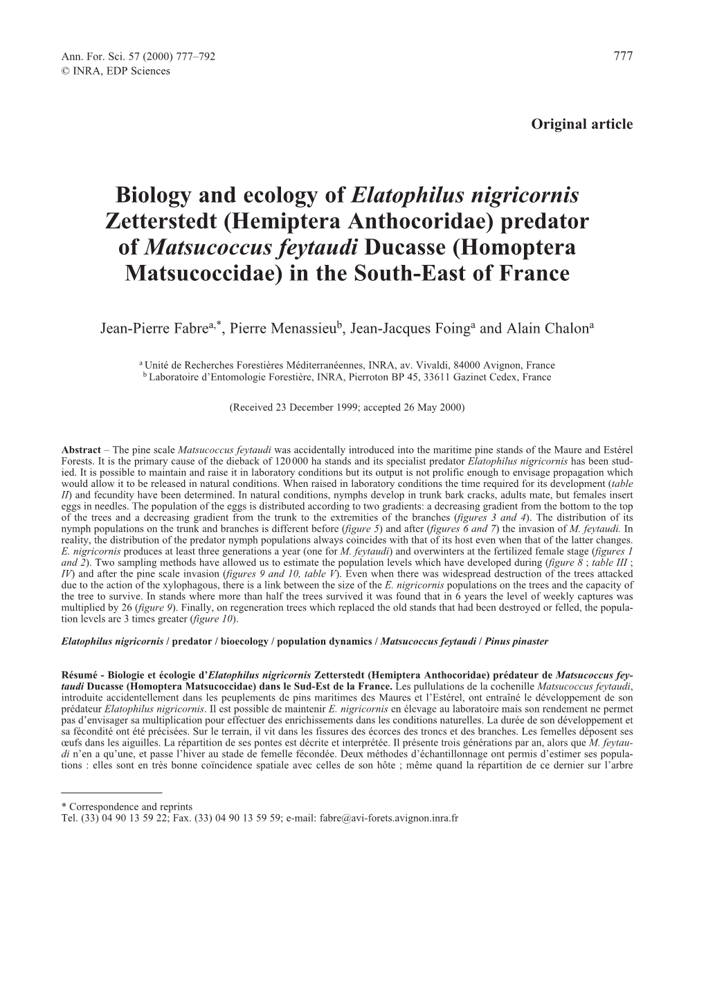 Biology and Ecology of Elatophilus Nigricornis Zetterstedt (Hemiptera Anthocoridae) Predator of Matsucoccus Feytaudi Ducasse