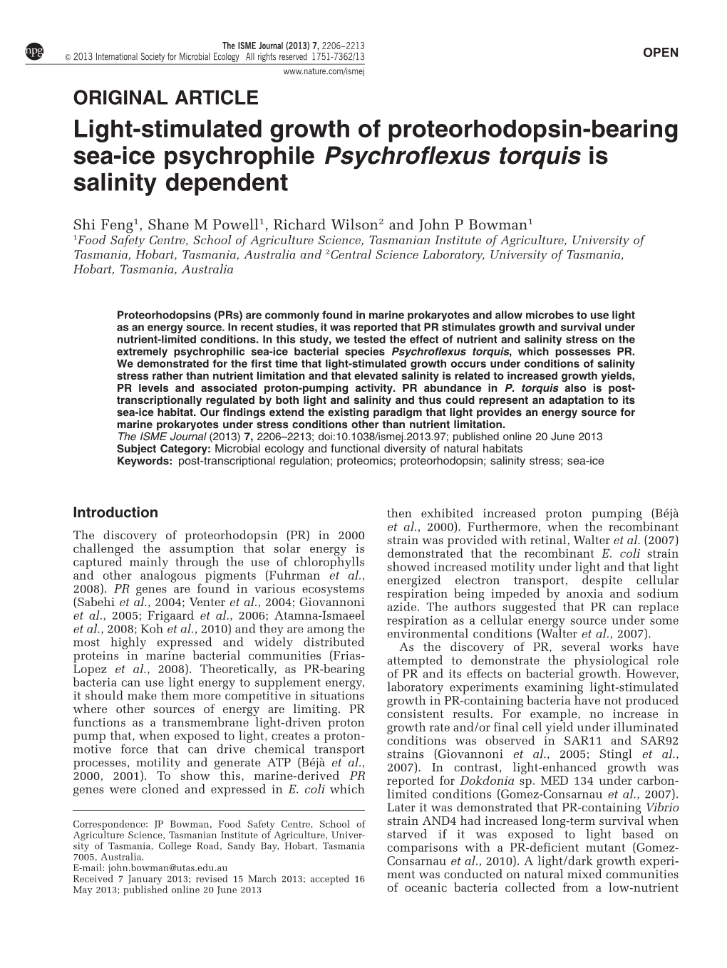 Light-Stimulated Growth of Proteorhodopsin-Bearing Sea-Ice Psychrophile Psychroflexus Torquis Is Salinity Dependent