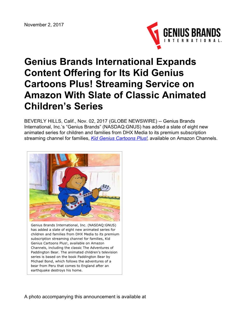 Genius Brands International Expands Content Offering for Its Kid Genius Cartoons Plus! Streaming Service on Amazon with Slate of Classic Animated Children’S Series