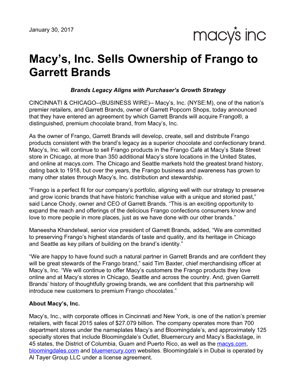 Macy's, Inc. Sells Ownership of Frango to Garrett Brands