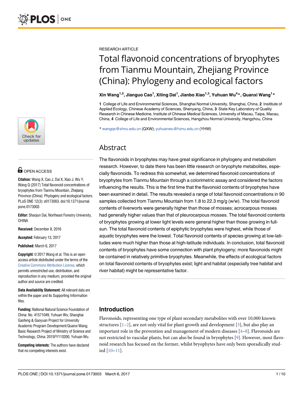 Total Flavonoid Concentrations of Bryophytes from Tianmu Mountain, Zhejiang Province (China): Phylogeny and Ecological Factors