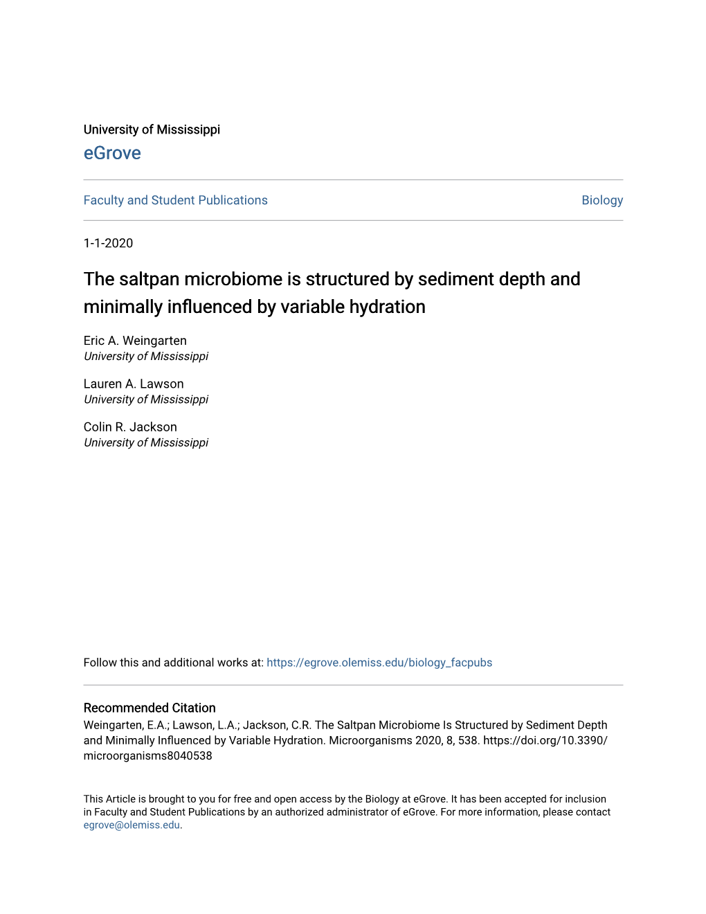 The Saltpan Microbiome Is Structured by Sediment Depth and Minimally Influenced Yb Variable Hydration