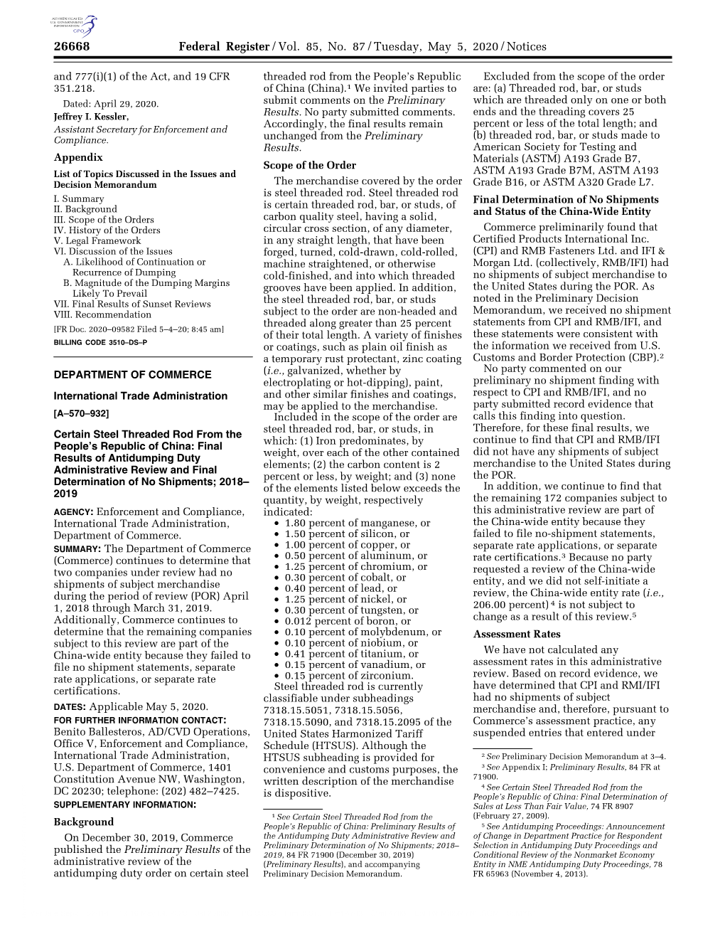 Federal Register/Vol. 85, No. 87/Tuesday, May 5, 2020/Notices