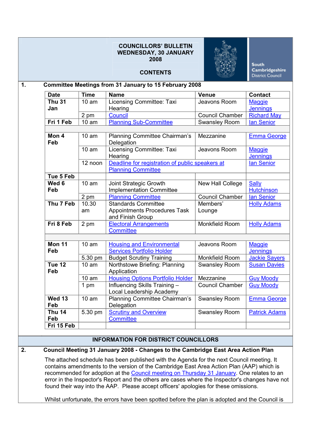 Councillors' Bulletin Wednesday, 30 January 2008