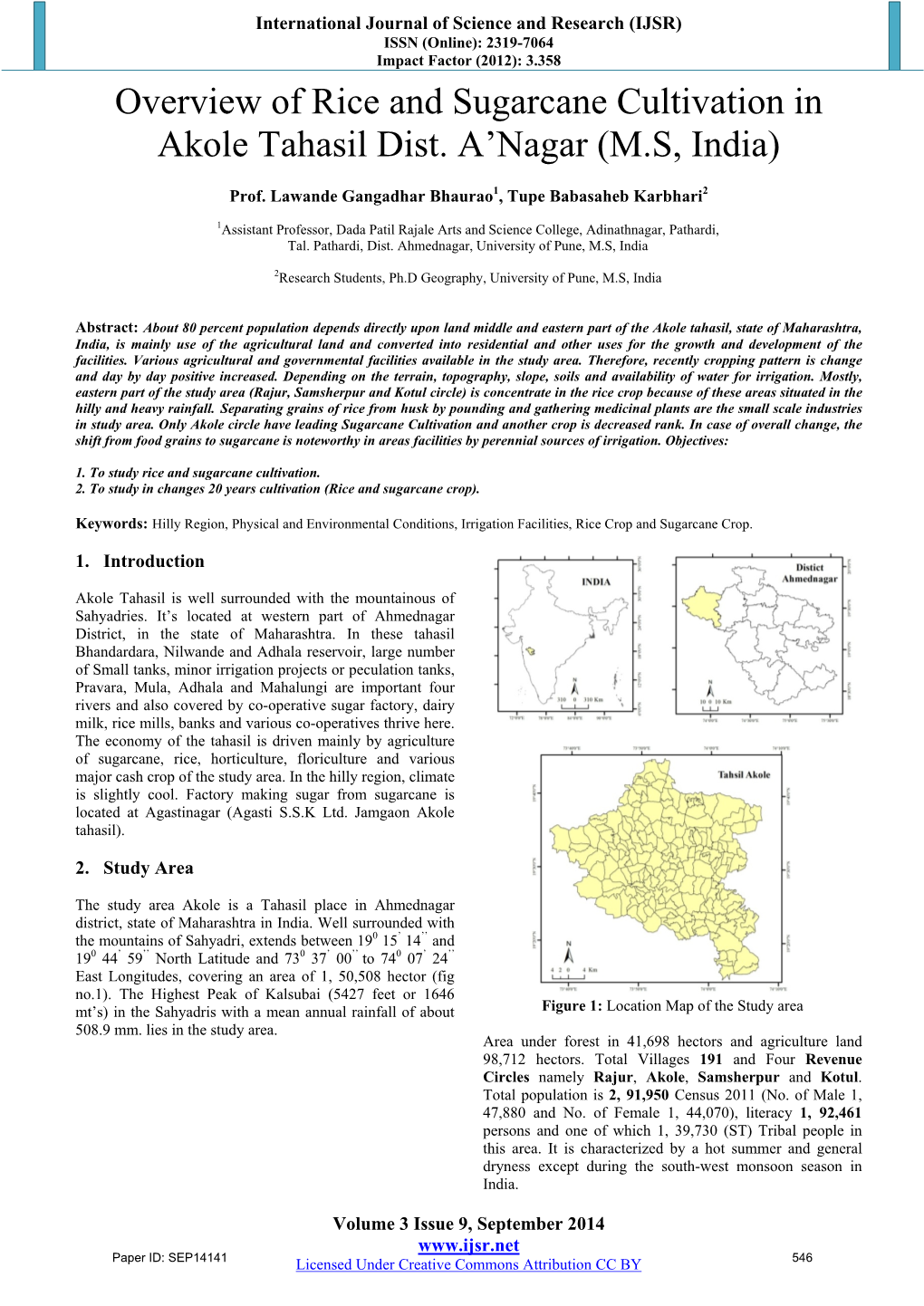 Overview of Rice and Sugarcane Cultivation in Akole Tahasil Dist. A’Nagar (M.S, India)