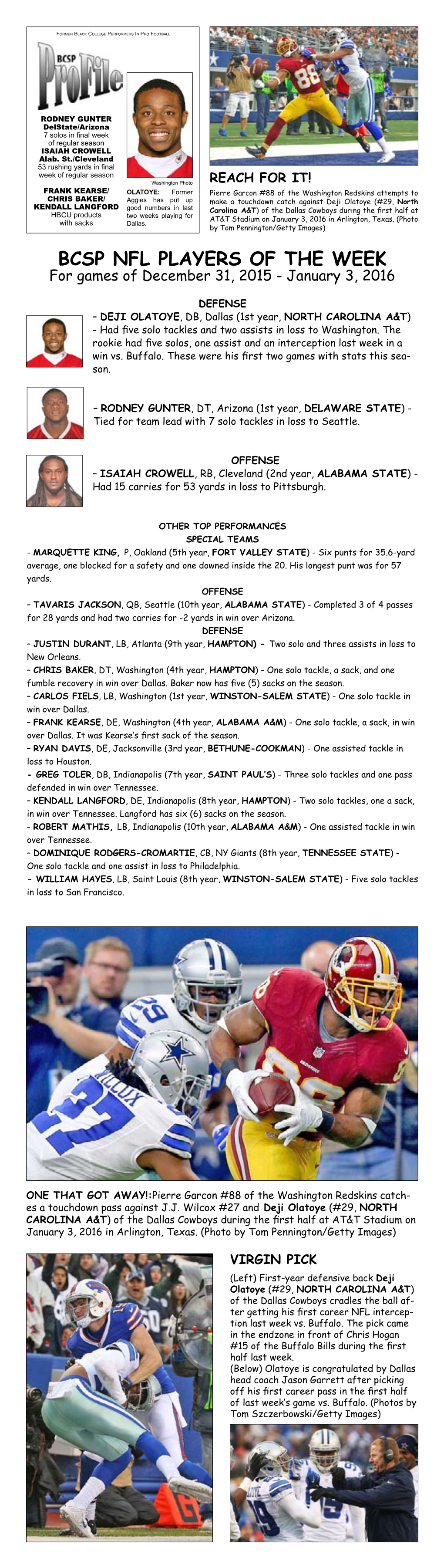 BCSP NFL PLAYERS of the WEEK for Games of December 31, 2015 - January 3, 2016