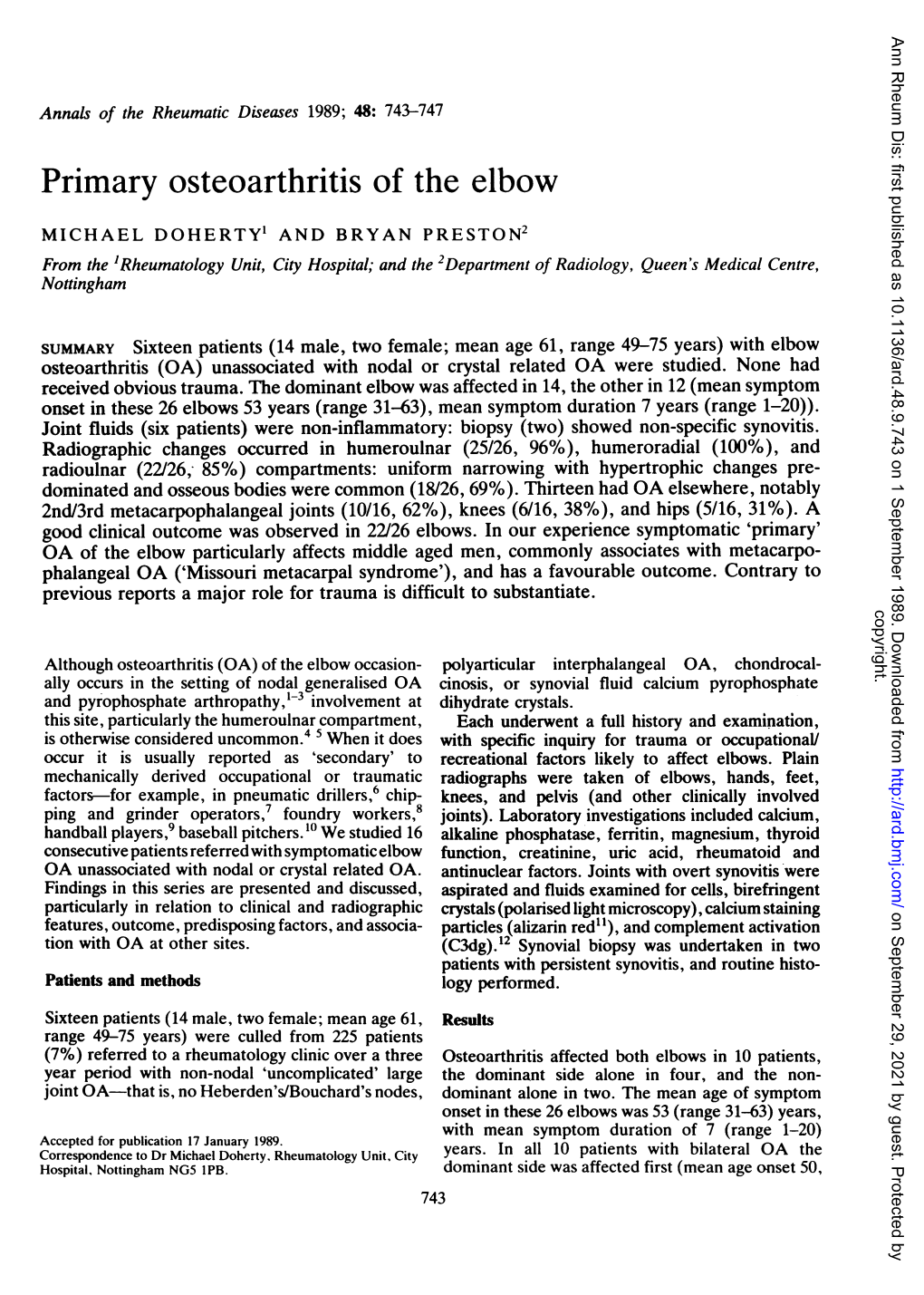 Primary Osteoarthritis of the Elbow